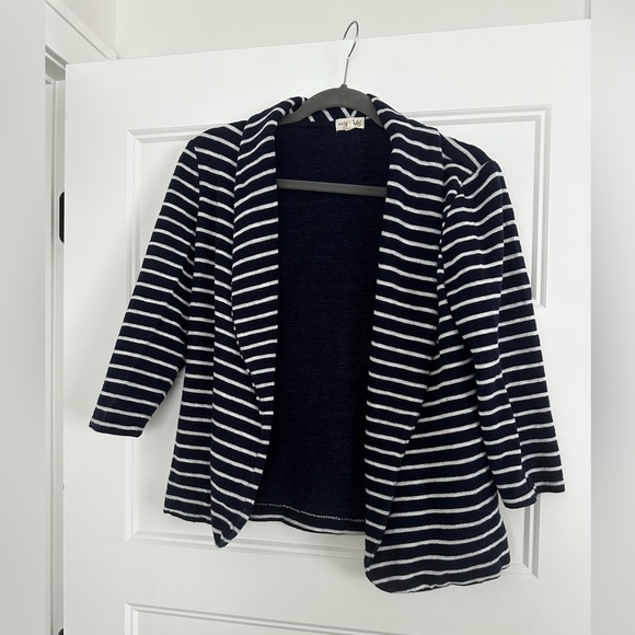 Maison Jules Jackets & Blazers - Maison Jules Navy and White Knit Striped Open Front Blazer with pockets.